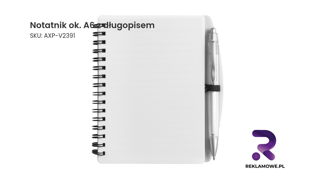 Notatnik rozmiaru A6 z dołączonym długopisem