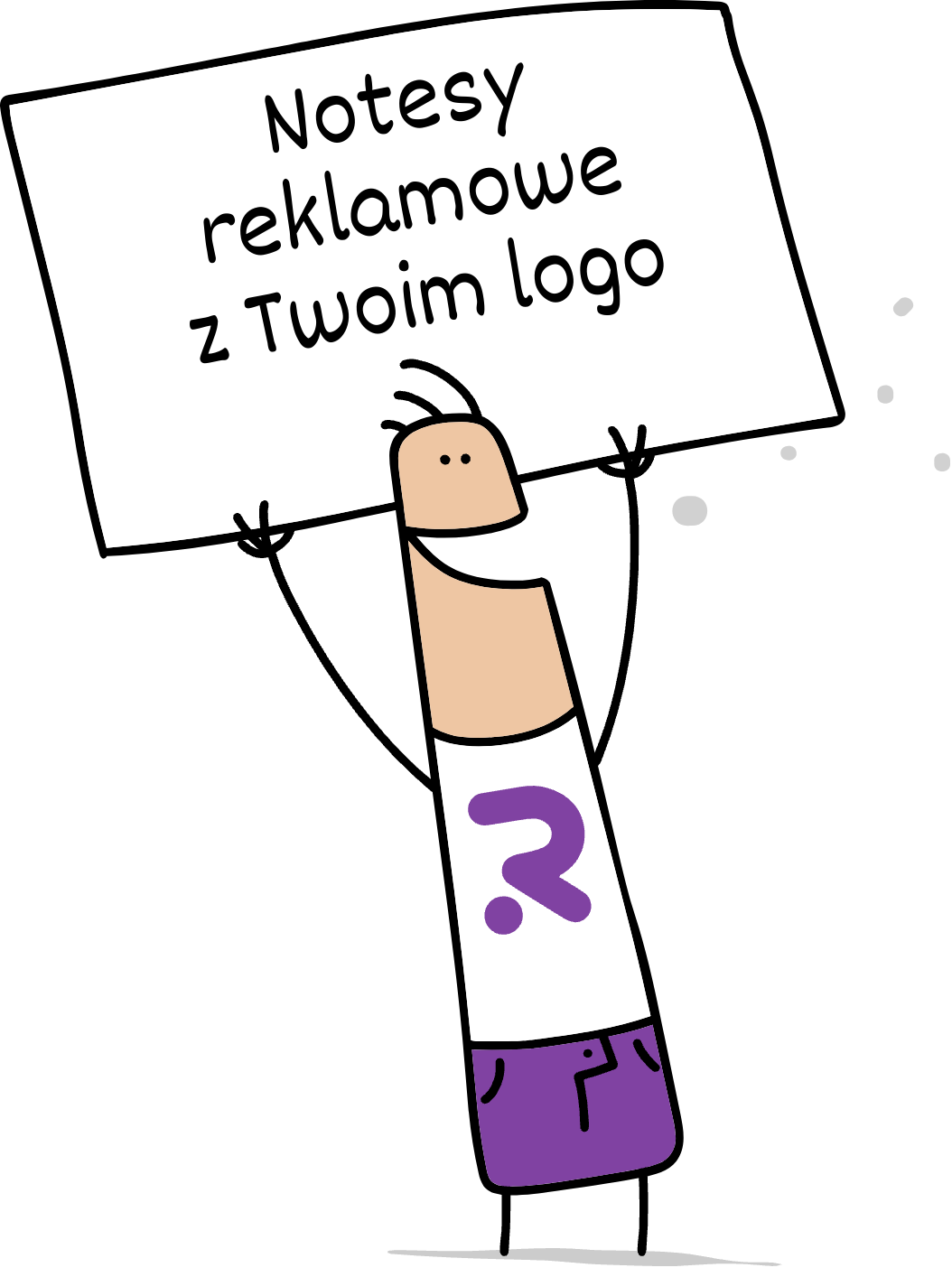 Buddy trzymający napis notesy reklamowe z Twoim logo